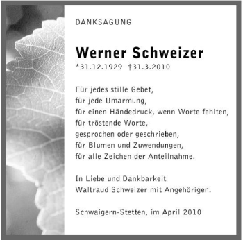Traueranzeige von Werner Schweizer 