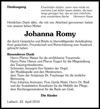 Traueranzeige von Johanna Romy 