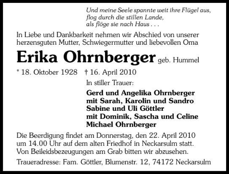  Traueranzeige für Erika Ohrnberger vom 20.04.2010 aus 