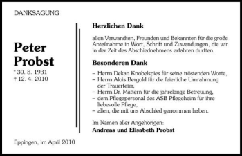 Traueranzeige von Peter Probst 