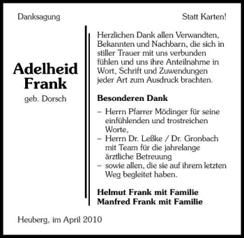 Traueranzeige von Adelheid Frank 