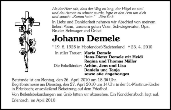Traueranzeige von Johann Demele 
