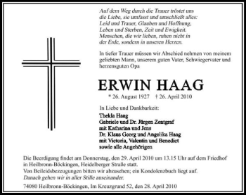 Traueranzeige von Erwin Haag 