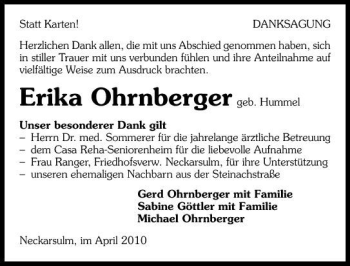 Traueranzeige von Erika Ohrnberger 