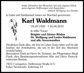 Traueranzeige von Karl Waldmann 