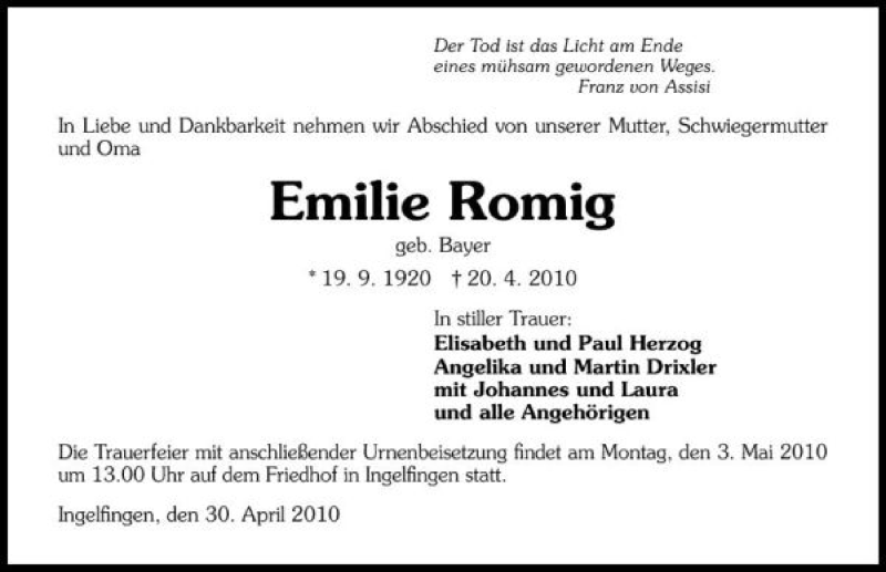  Traueranzeige für Emilie Romig vom 30.04.2010 aus 