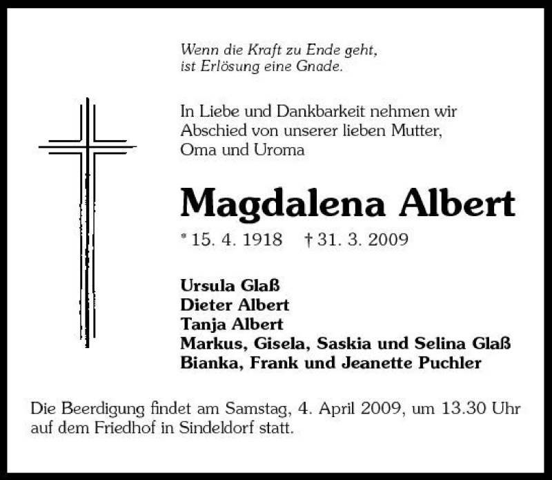  Traueranzeige für Magdalena Albert vom 02.04.2009 aus 