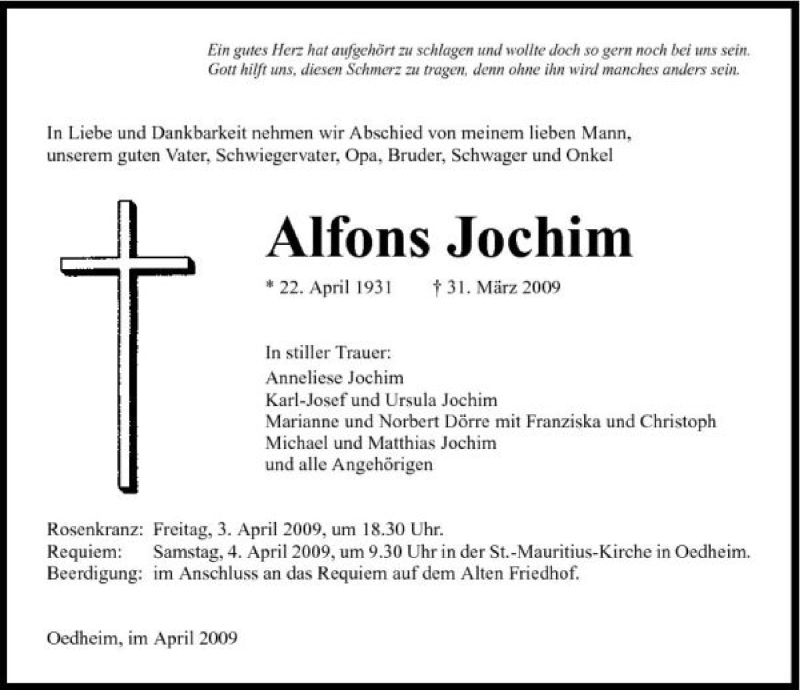  Traueranzeige für Alfons Jochim vom 02.04.2009 aus 