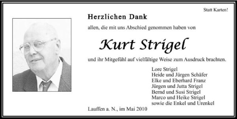  Traueranzeige für Strigel Strigel vom 15.05.2010 aus 