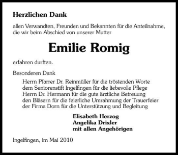 Traueranzeige von Emilie Romig 