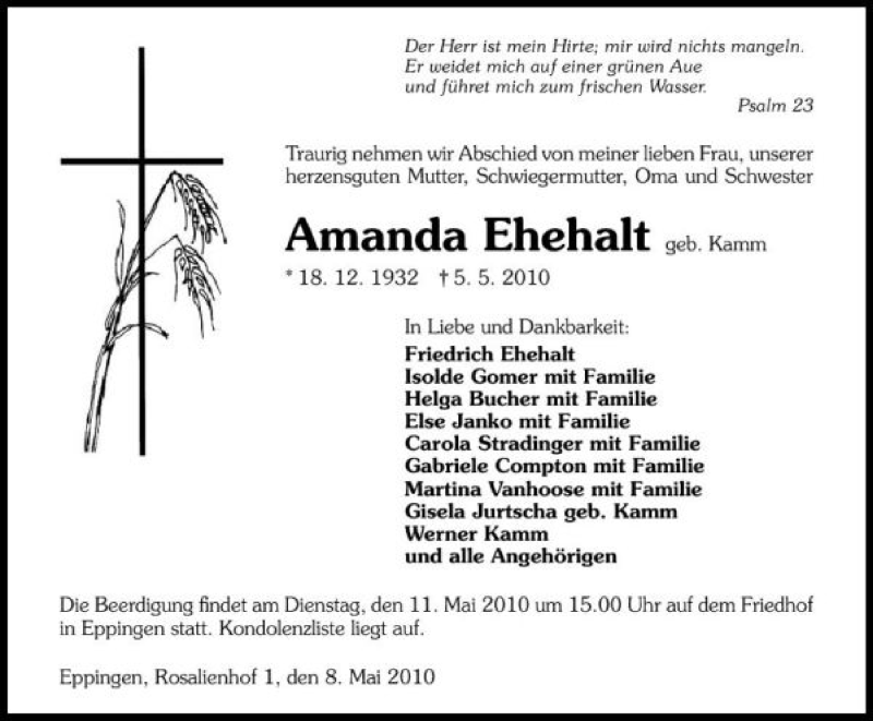  Traueranzeige für Amanda Ehehalt vom 08.05.2010 aus 