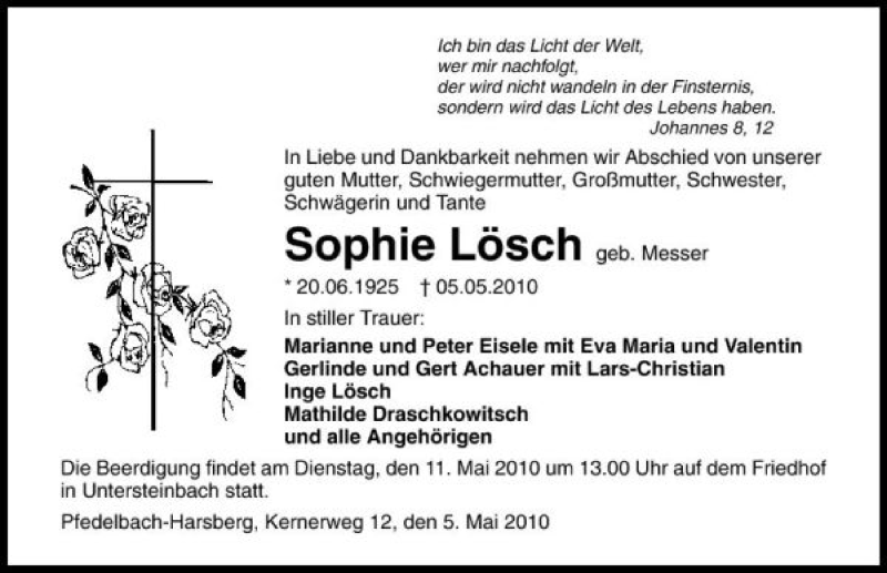  Traueranzeige für Sophie Lösch vom 08.05.2010 aus 