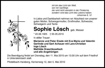 Traueranzeige von Sophie Lösch 