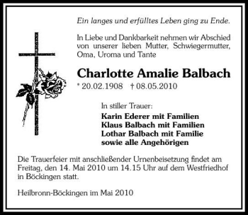 Traueranzeige von Charlotte Amalie Balbach 