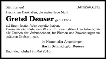 Traueranzeige von Gretel Deuser 