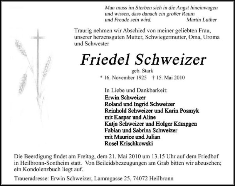  Traueranzeige für Frida Schweizer vom 18.05.2010 aus 