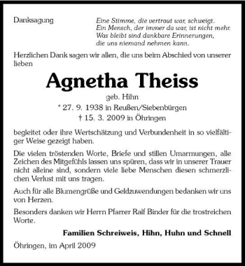Traueranzeige von Agnetha Theiss 