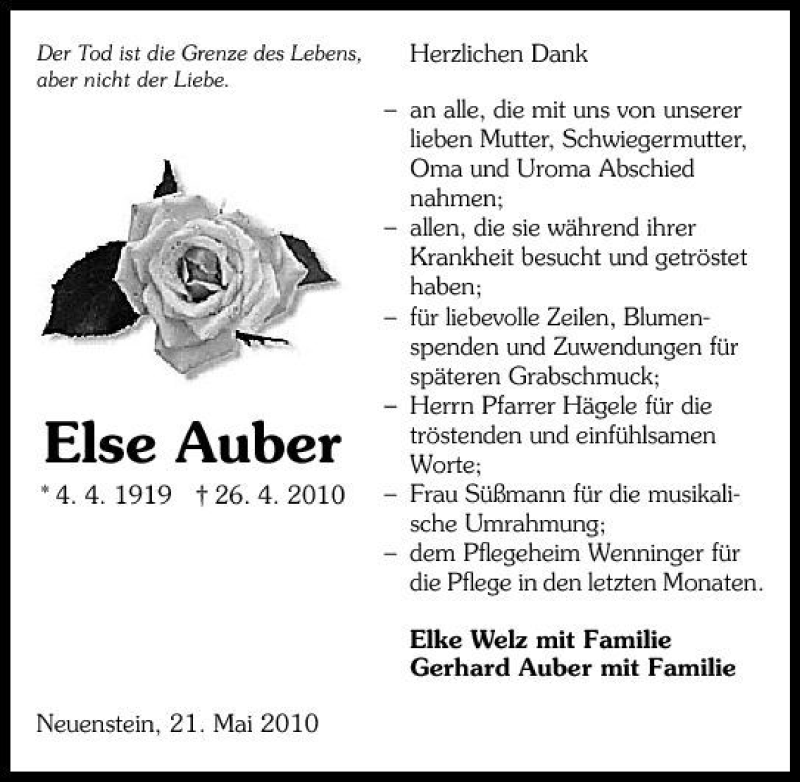  Traueranzeige für Else Auber vom 21.05.2010 aus 