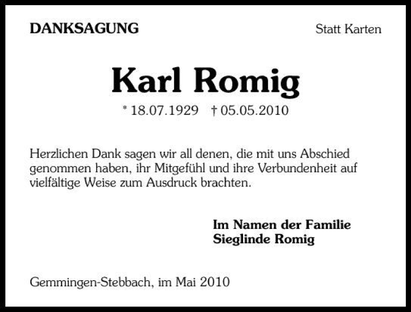  Traueranzeige für Karl Romig vom 22.05.2010 aus 