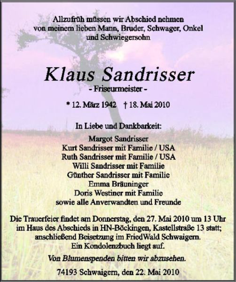  Traueranzeige für Sandrisser Sandrisser vom 22.05.2010 aus 