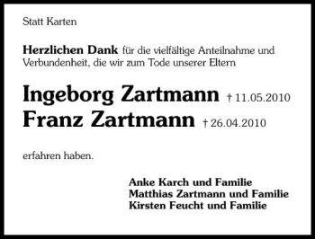 Traueranzeige von Ingeborg Zartmann Zartmann 