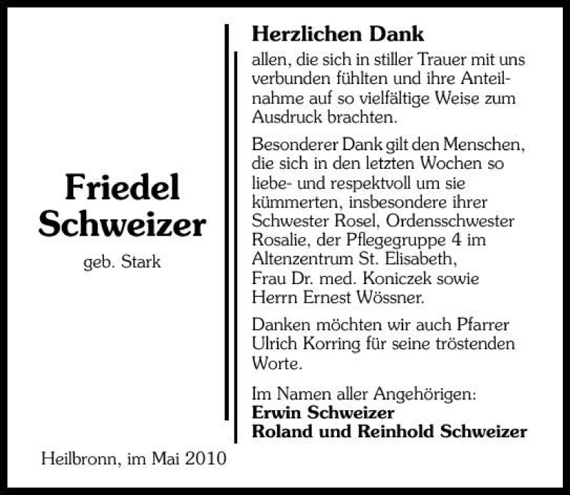  Traueranzeige für Friedel Schweizer vom 29.05.2010 aus 