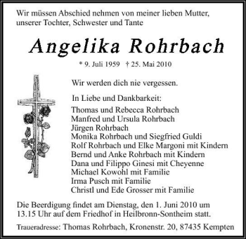 Traueranzeige von Angelika Rohrbach 