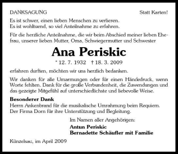 Traueranzeige von Ana Periskic 