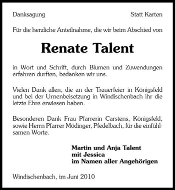 Traueranzeige von Renate Talent 