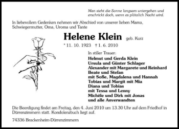 Traueranzeige von Helene Klein 