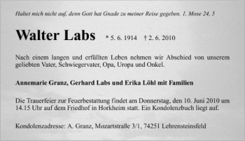 Traueranzeige von Walter Labs 