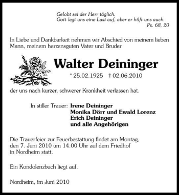 Traueranzeige von Walter Deininger 