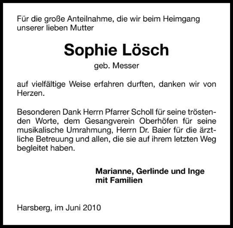  Traueranzeige für Sophie Lösch vom 08.06.2010 aus 