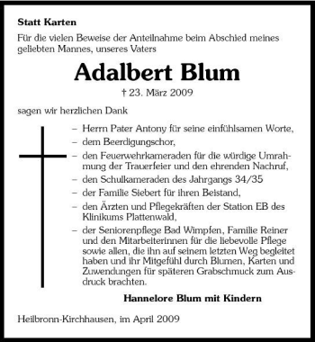 Traueranzeige von Adalbert Blum 