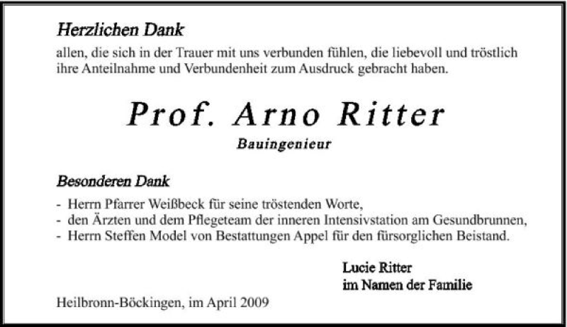  Traueranzeige für Arno Ritter vom 04.04.2009 aus 