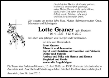 Traueranzeige von Lotte Graner 