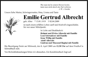 Traueranzeige von Emilie Gertrud Albrecht 