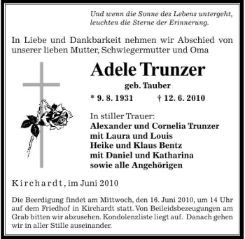Traueranzeige von Adele Trunzer 