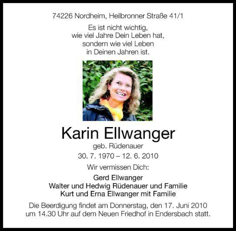  Traueranzeige für Karin Ellwanger vom 15.06.2010 aus 