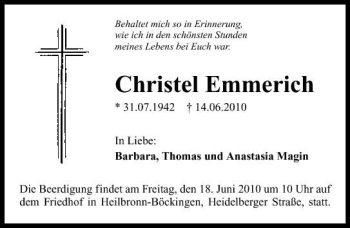 Traueranzeige von Christel Emmerich 