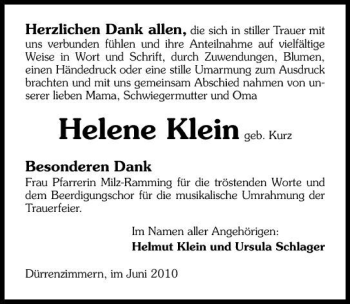 Traueranzeige von Helene Klein 