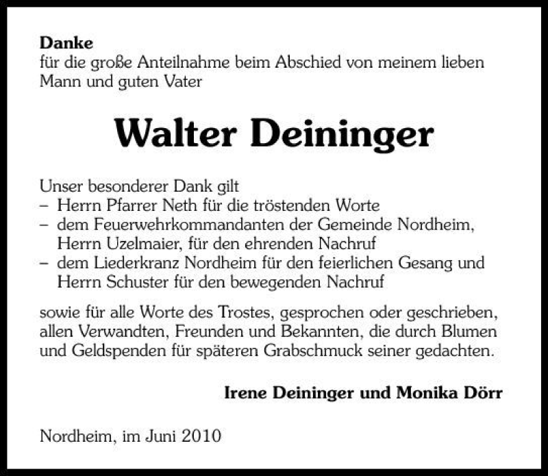  Traueranzeige für Walter Deininger vom 18.06.2010 aus 