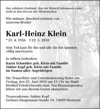 Traueranzeige von Karl-Heinz Klein 