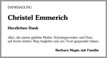 Traueranzeige von Christel Emmerich 