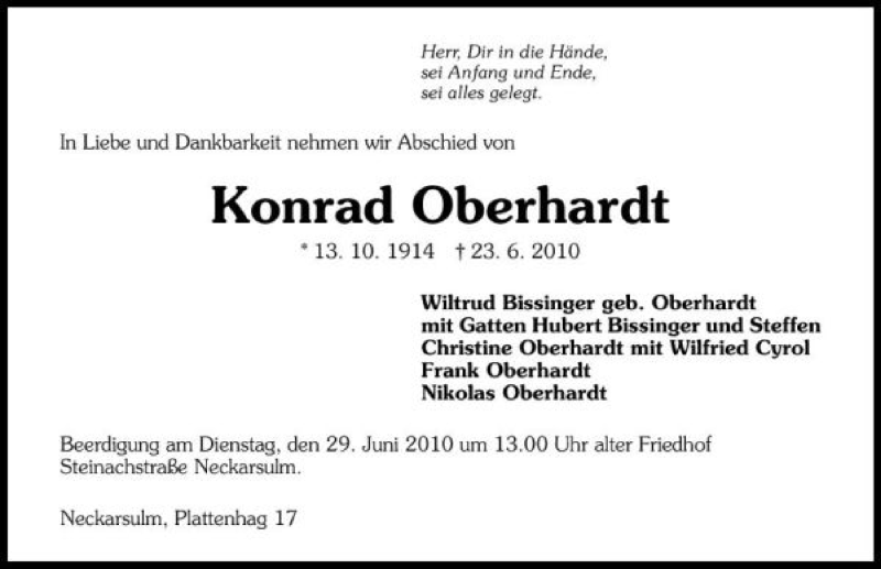  Traueranzeige für Konrad Oberhardt vom 26.06.2010 aus 