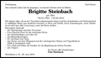 Traueranzeige von Brigitte Steinbach 