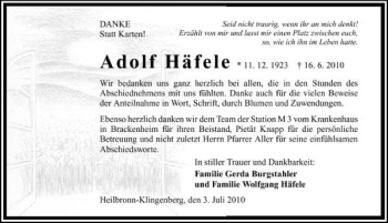 Traueranzeige von Adolf Häfele 