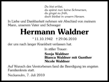Traueranzeige von Hermann Waldner 