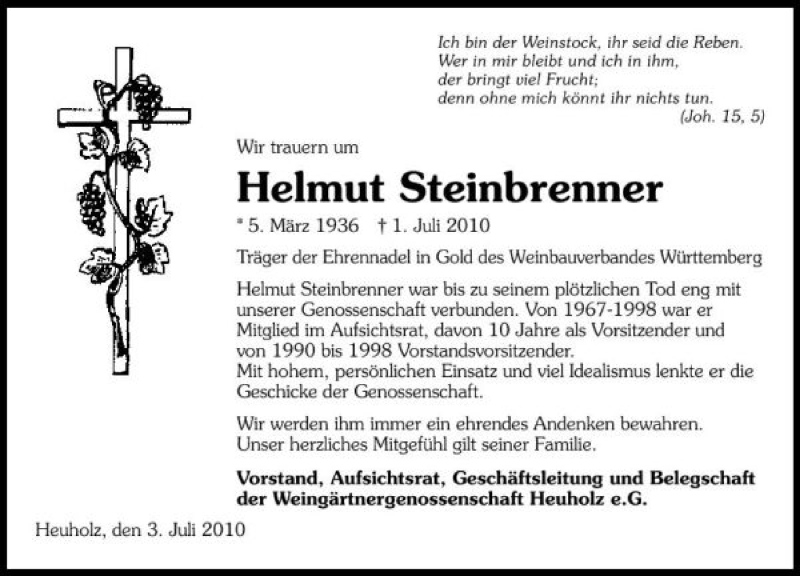  Traueranzeige für Helmut Steinbrenner vom 03.07.2010 aus 