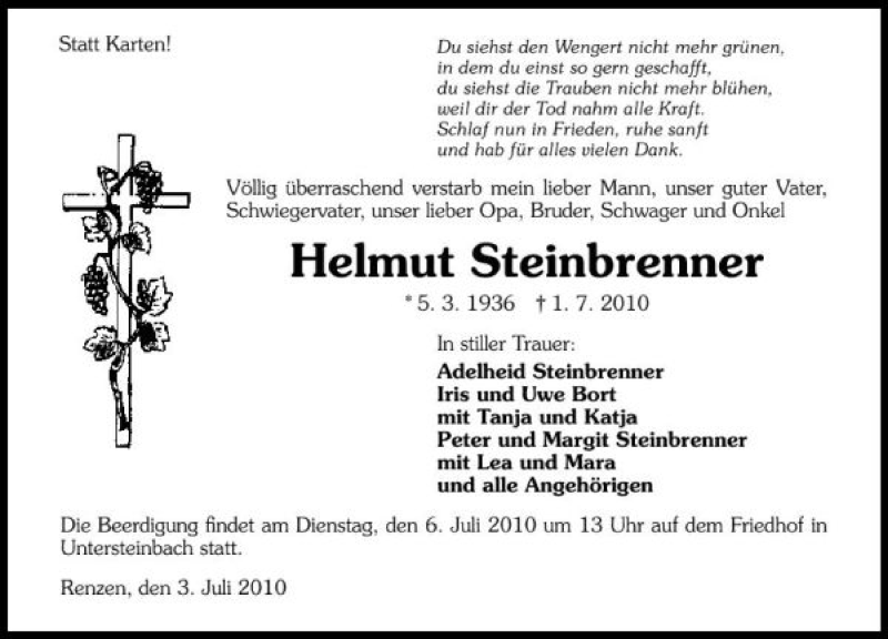  Traueranzeige für Helmut Steinbrenner vom 03.07.2010 aus 